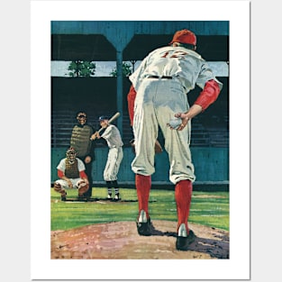 Vintage Sports Baseball Players with a  Pitcher on the Mound Posters and Art